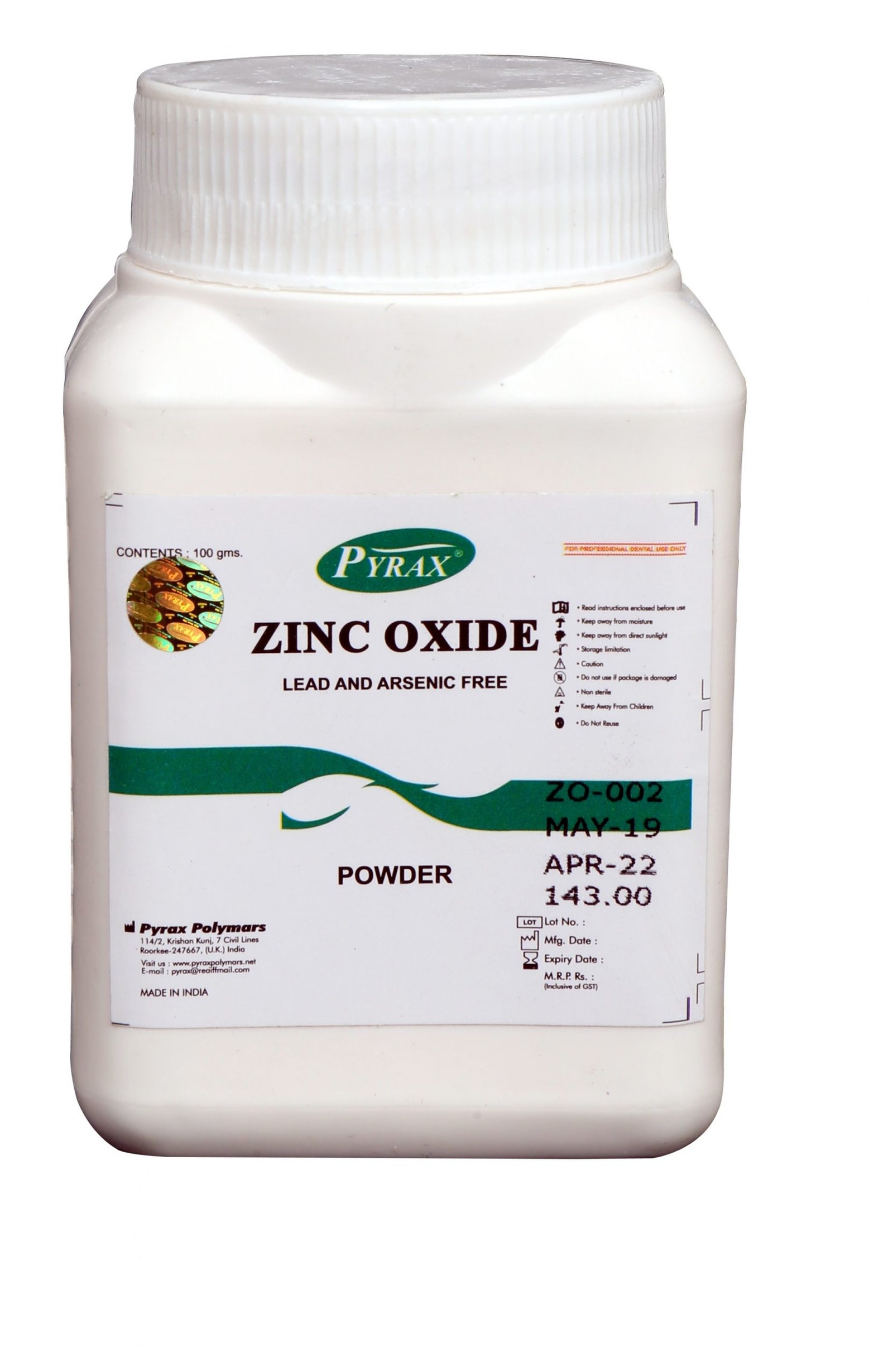 PYRAX High Quality Chemically Pure Arsenic Free Dental Zinc Oxide 